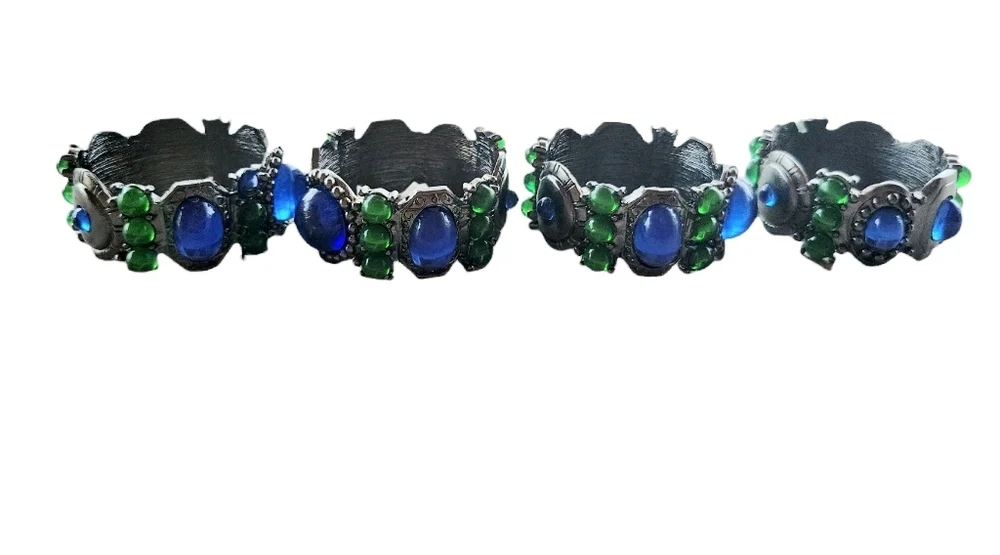 Royal blue Emeral green bead rhinestones silver tone napkin rings set of 4 - Picture 7 of 8